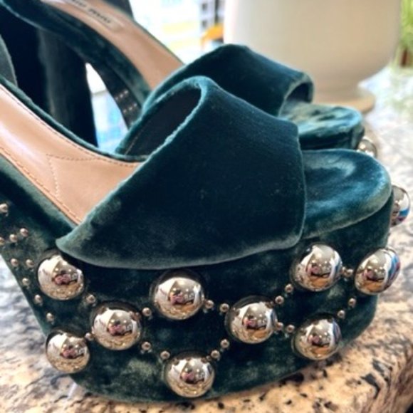 $995 MIU MIU PRADA JEWEL TONE STUDDED PLATFORM MARY JANE HEELS 38 8 - Picture 4 of 12